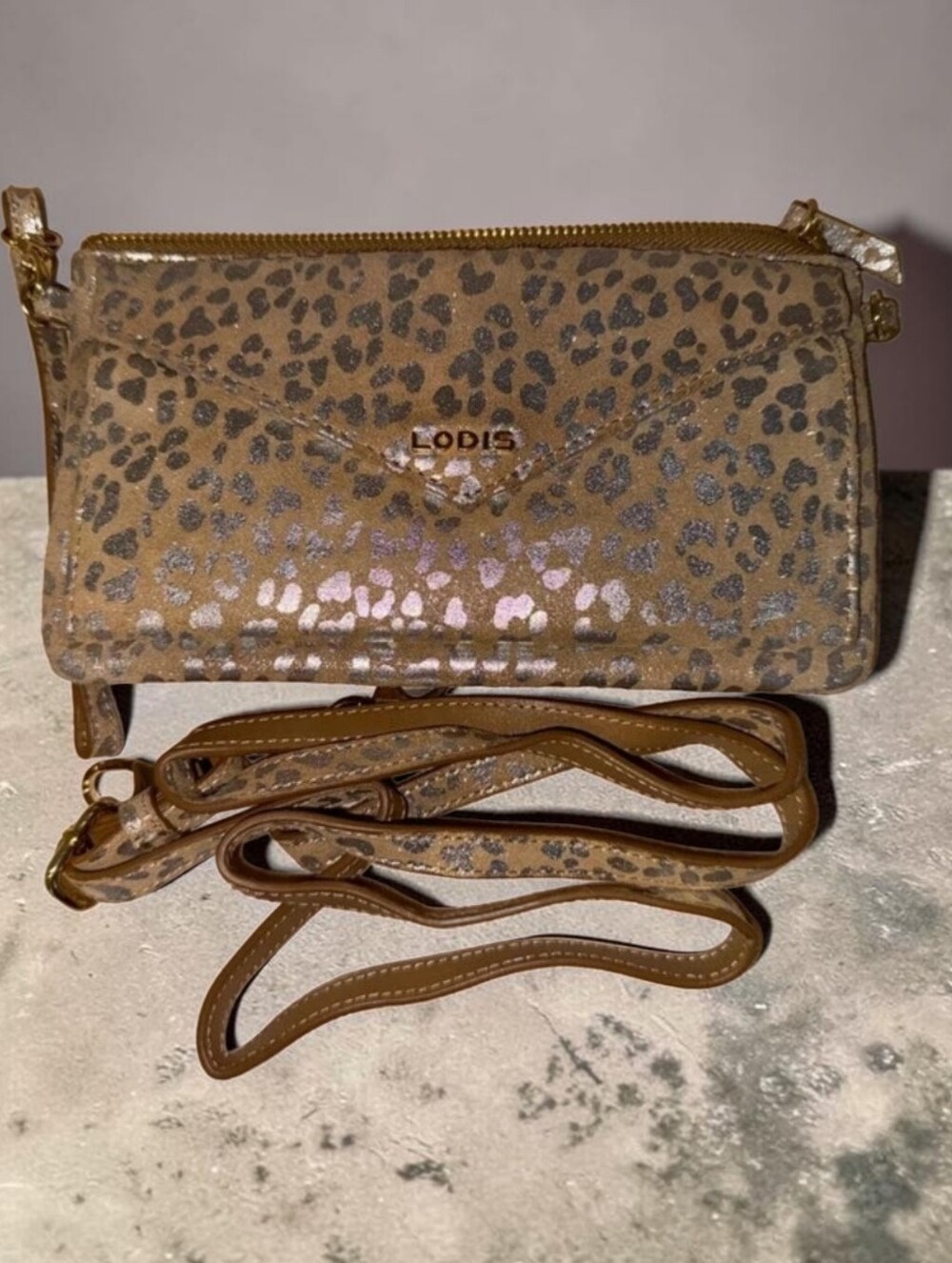 Lodis Metallic Silver Leopard Print Leather Convertible Crossbody Wallet, EC